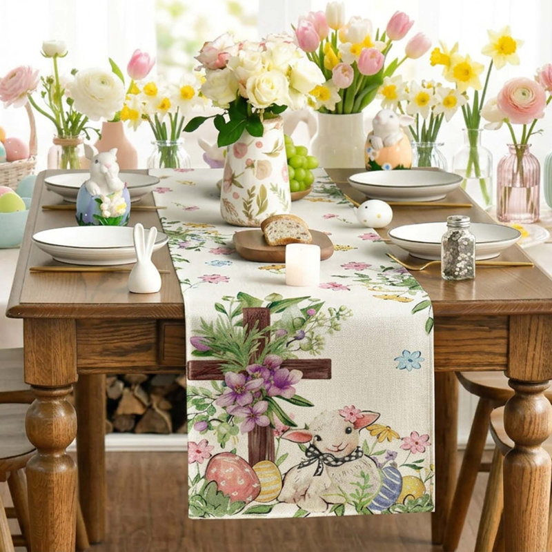 Sheep Cross Eggs Easter Table Runner Seasonal Spring Wild Flowers Polyester Kitchen Dining Table Decoration 1 Piece