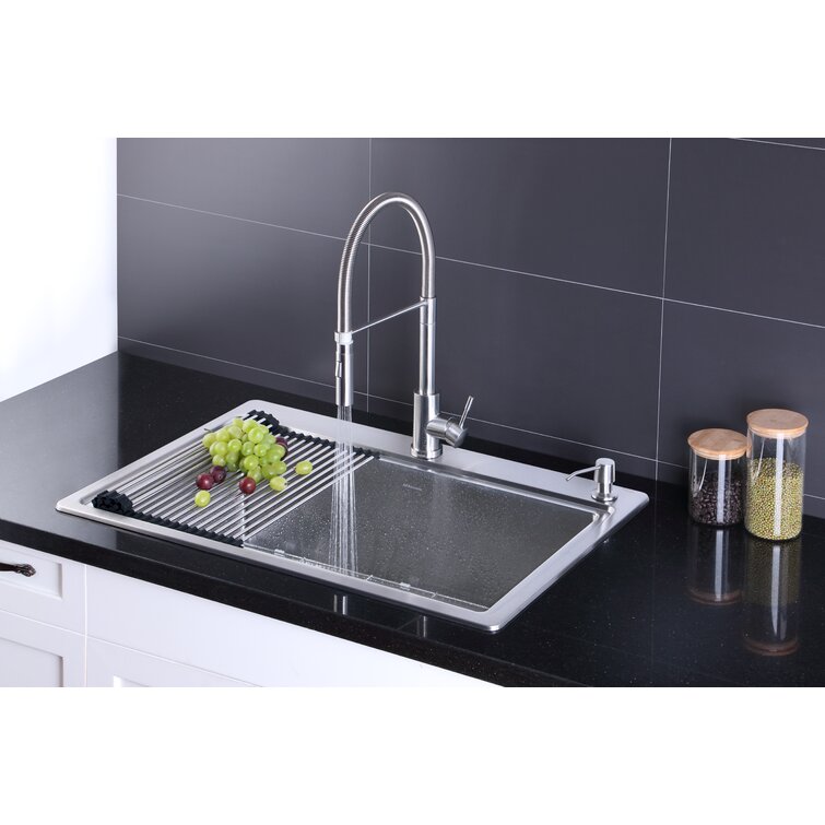 Logmey 33 in. Drop in Double Bowl (60/40) 18-Gauge Stainless Steel Workstation Kitchen Sink with Sliding Accessories, Stainless Steel Brushed