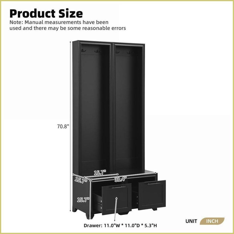 Coat Racks Set of 2, French Retro 3-in-1 MDF Hall Tree with Bench &amp; Drawers, Black | Black | MDF, Black