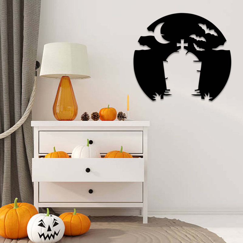 Art mural en métal Spooky Tombstone - Halloween Horror Wall Art - Sculpture hantée de conception de silhouette de cèdre - Suspension murale saisonnière effrayante - Art industriel moderne en métal - Décoration de maison Spooky - Pièce d'art audacie