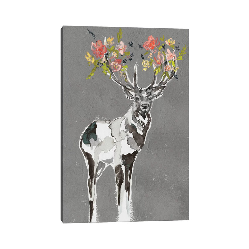 Deer & Flowers I by Jennifer Goldberger - Wrapped Canvas Print, 30.48cm H x 20.32cm W