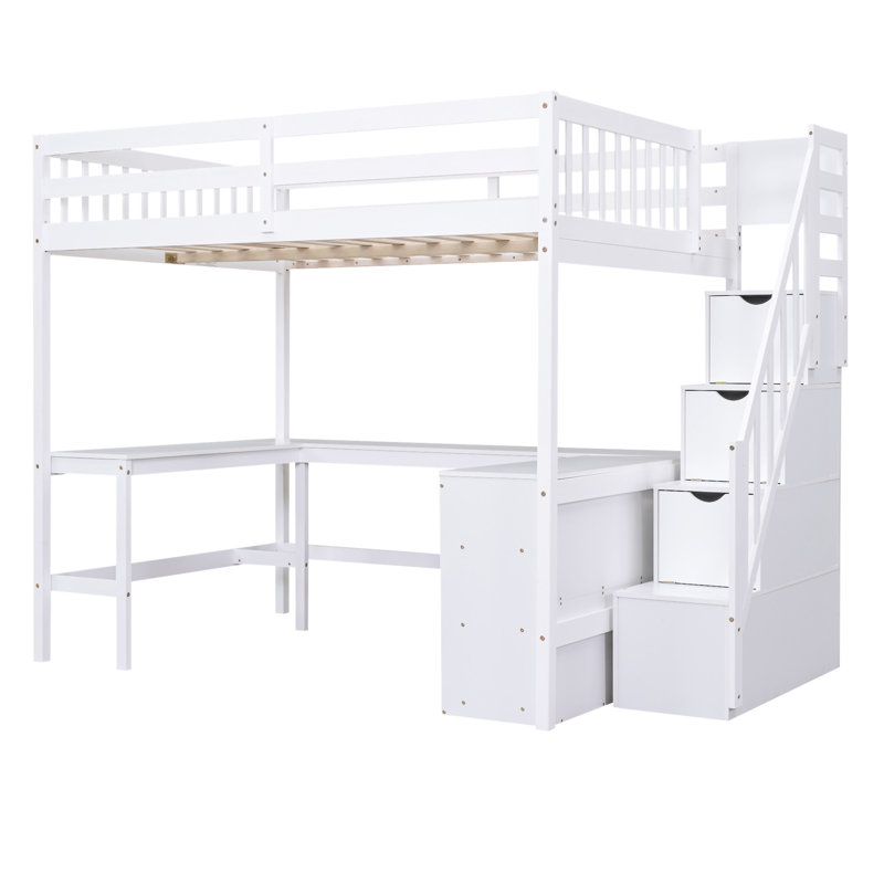 Loft Bed With Built-In L-Shaped Desk And Three-Tier Storage Shelves, White