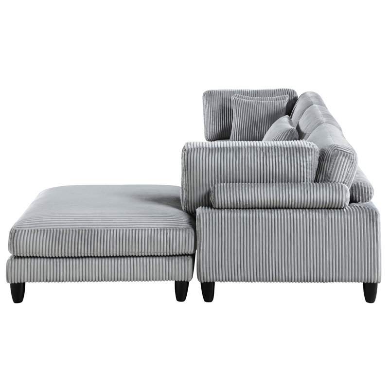 Contemporary Gray Corduroy Sectional, 4 , Solid Wood Legs And Pillows Modular Sectional Upholstery, Structure