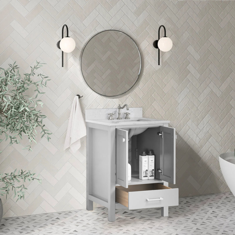 Meuble-lavabo moderne avec lavabo et rangement, Gris / Nickel brossé, 24'