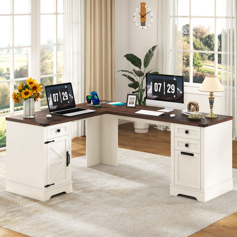 Rustic Corner Executive Desk with Storage Cabinet & Charging Ports, Farmhouse L-Shaped Computer Desk with File Drawers for Home Office