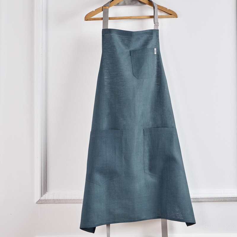 Linen Bib Apron - 100% Pure Linen Apron, Peacock Blue/Soft Gray