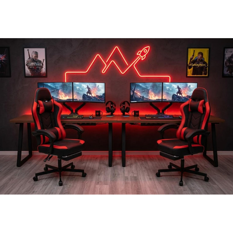Ergonomic High-Back PC & Racing Chair With Massage Lumbar, Footrest & Adjustable Arms(Set Of 2), Black/Red