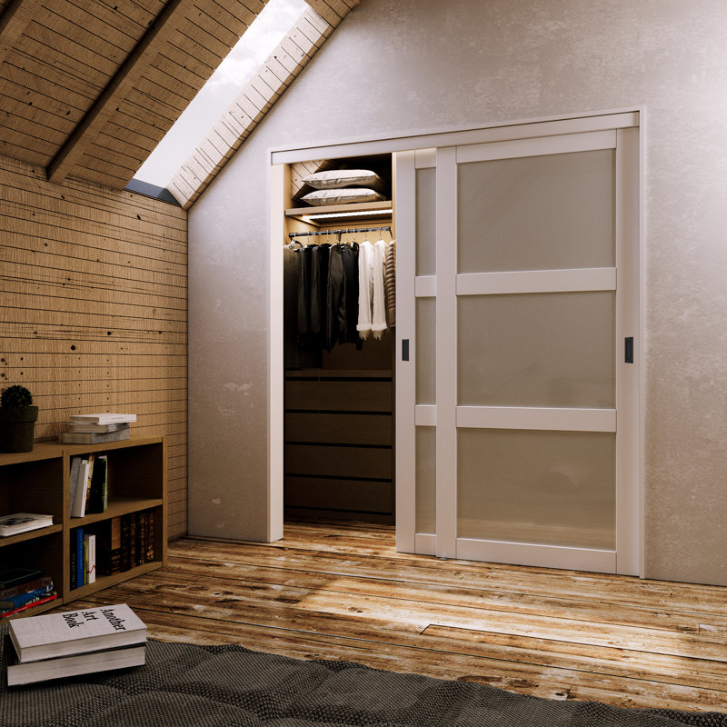80" 3-Lite Frosted Closet Sliding Doors With Hardware Kit & Handles, 72" x 80"