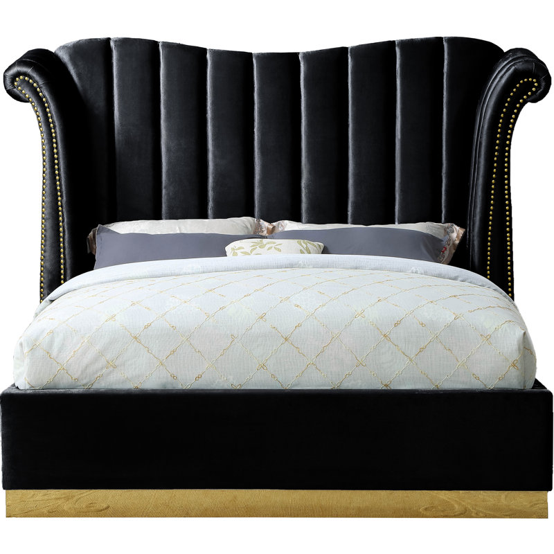 Lit plateforme tapissier capitonné Cicero, Velours noir, Grand