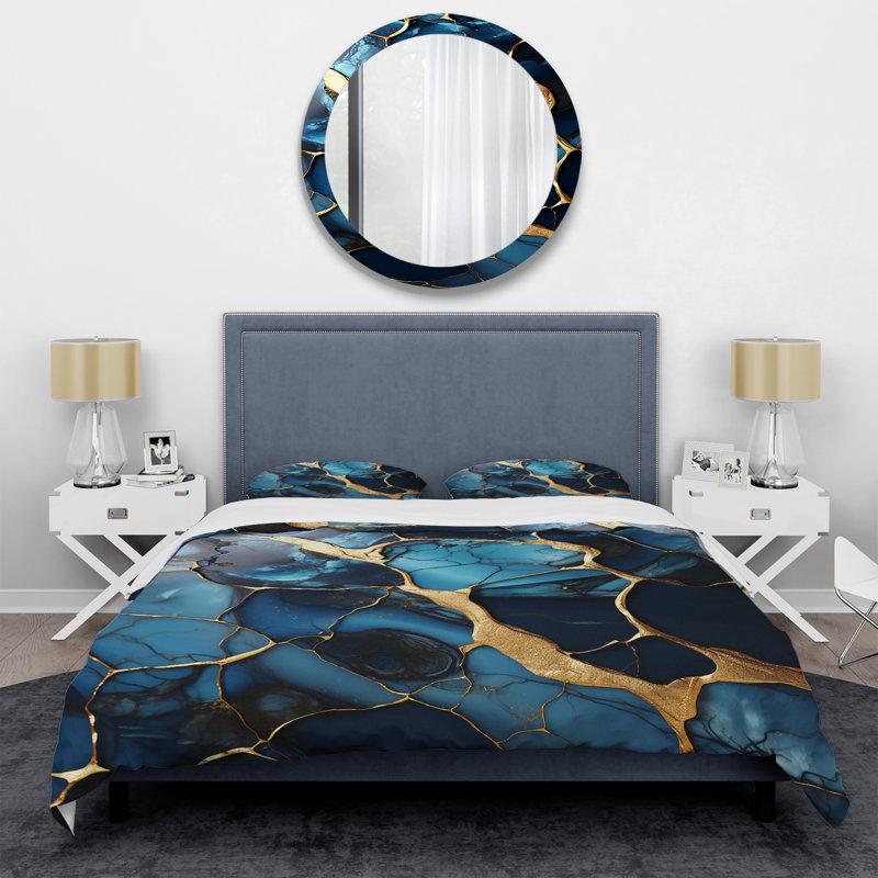 Ensemble de housse de couette abstrait doré et bleu saphir, Housse de couette pour grand lit