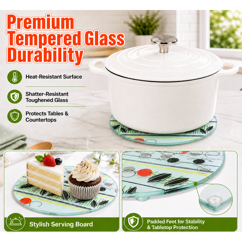 Tempered Glass 8 Inch Diameter Round Trivet Serving Board