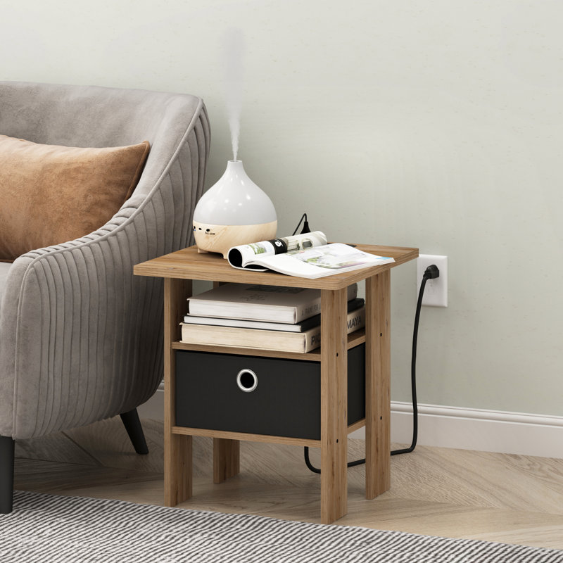 Maximina End Table with Storage and Built-In Outlets, USB & Type C Ports, Flagstaff Oak, Black