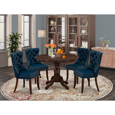 5 Piece Dining Room Set Consists of a Round Solid Wood Table and 4 Polyester fabric Upholstered Chairs, Antique Walnut
