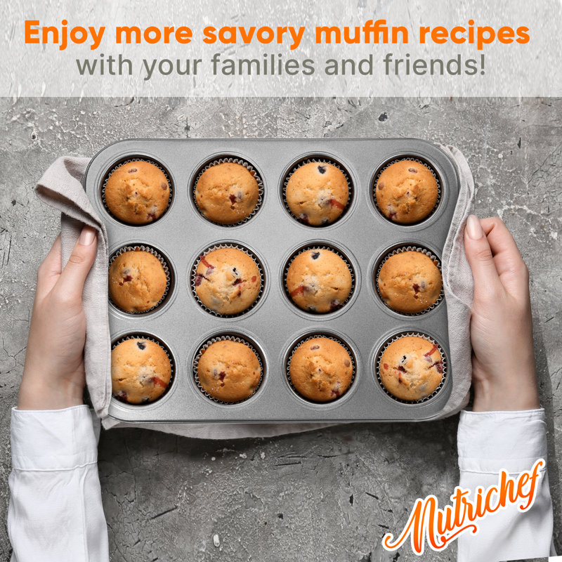 NutriChef 12 Cup Nonstick Gray Carbon Steel Muffin Pan