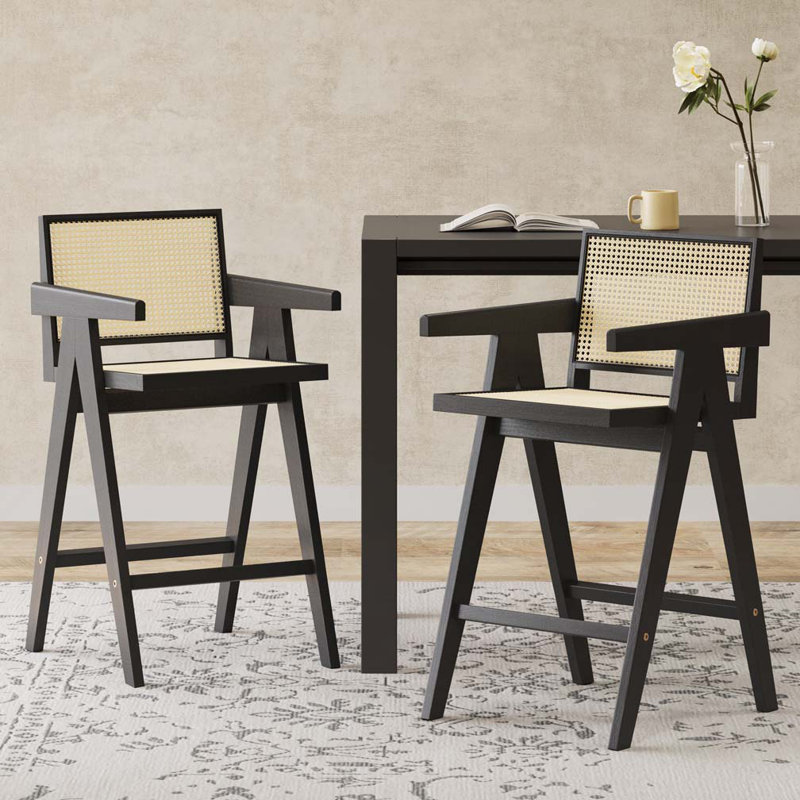 Bar Stool with Cane Seat, Black