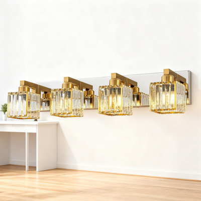 Luminaire de meuble-lavabo moderne à 4 lumières avec abat-jour en cristal, applique murale chromée dorée à intensité variable pour miroir de salle de bain et chambre à coucher