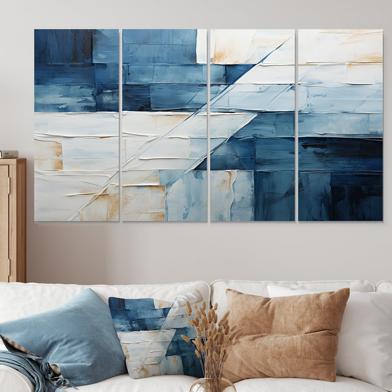 Ensemble de 4 décorations géométriques nautiques blanches et bleues géométriques VI - abstrait géométrique, H 28 po x l 48 po