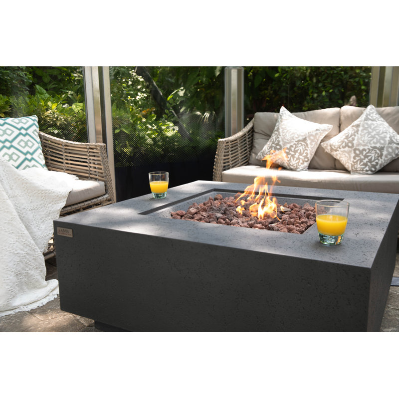 Brooklyn 40" W x 17" H Square Travertine Outdoor Fire Pit Table with Lava Rocks & Cover, Propane, Dark Gray