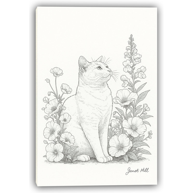 Toile tendue à motif floral Chat avec fleurs, H 40 po x l 30 po