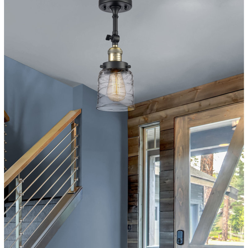 Hanceville Glass Semi Flush Mount, 6 Watt Vinage LED Bulb, Black Antique Brass, Clear Deco Swirl