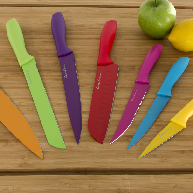 Knife Set - Colorful 14-Piece Stainless-Steel Cutting Knives with Sheaths Set - New Home Essentials by Classic Cuisine