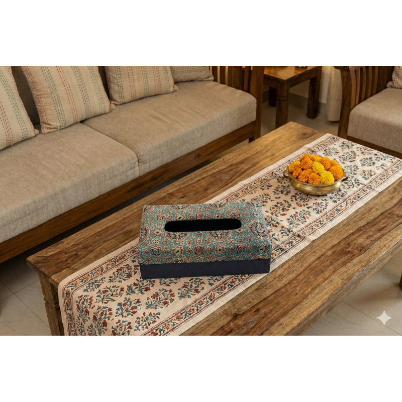 Couvercle de boîte à mouchoirs en bloc imprimé à la main 9 "Ajrakh - motif floral indien, support en carton décoratif pour voiture, maison et bureau