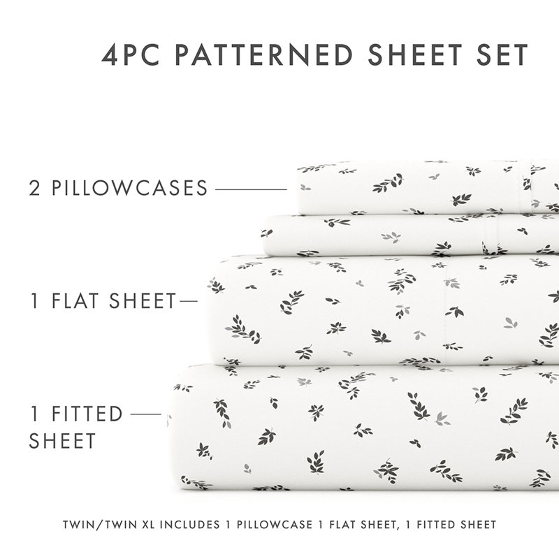 Ensemble de draps en microfibre ultra douce, Ensemble de draps pour lit simple avec 1 taie d'or, Floral gris clair