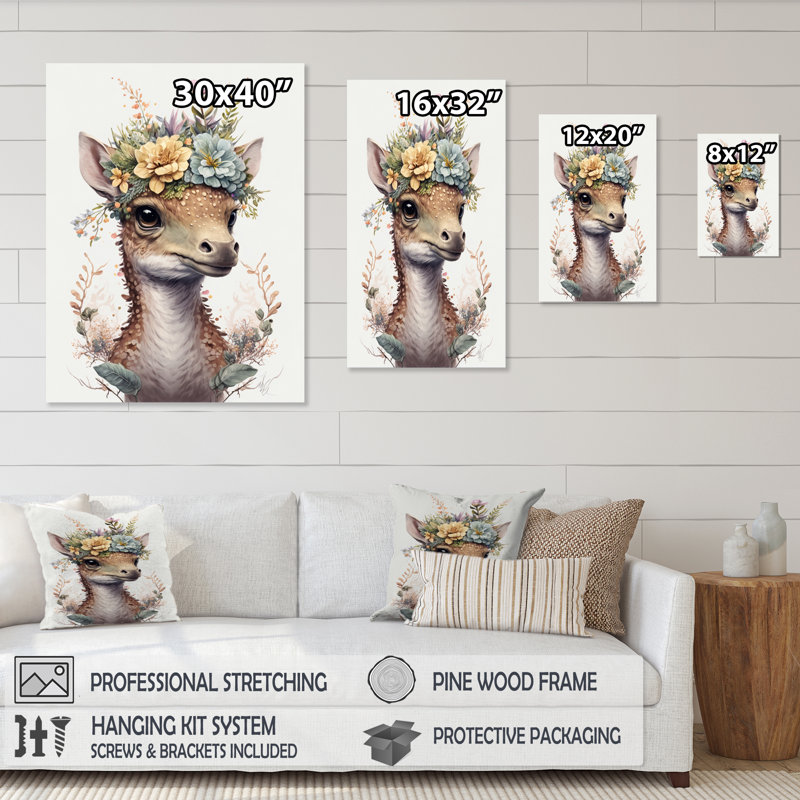 Mignon bébé dinosaure avec couronne florale - cadre flottant, impression sur toile, H 40 po x l 30 po x P 1,5 po
