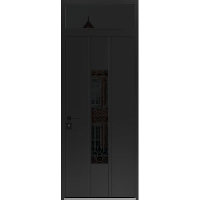 Façade avant en acier pré-suspendue / fenêtre en émail noir 1477 Ronex / partie supérieure avec insert latéral en acier inoxydable / entrée en métal peint moderne l 36 po x H80 + 16 po à droite