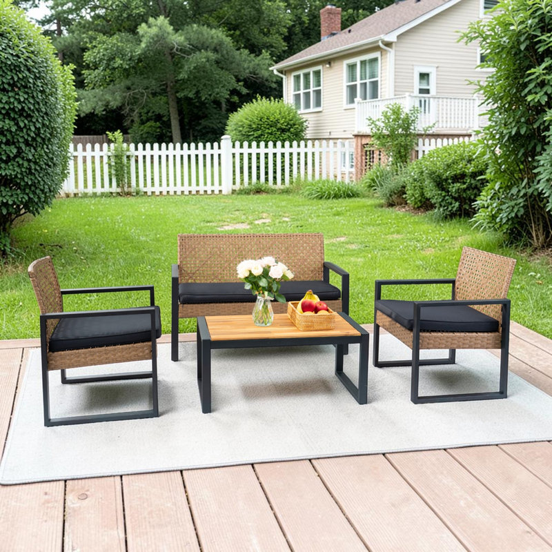4-Piece Outdoor Conversation Sets With Cushions with Acacia Wood Table Top, Black Cushion/Brown Frame