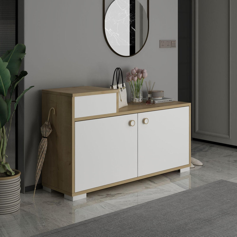 Baneen 8 Pair Shoe Storage Cabinet, White/Sapphire Oak