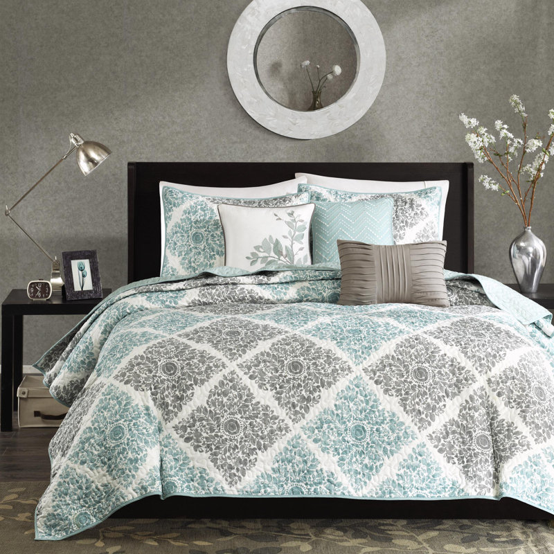 Ensemble de courtepointe imprimée 6 pièces avec coussins Claire, Courtepointe pour grand lit + 2 taies décoratives, Turquoise