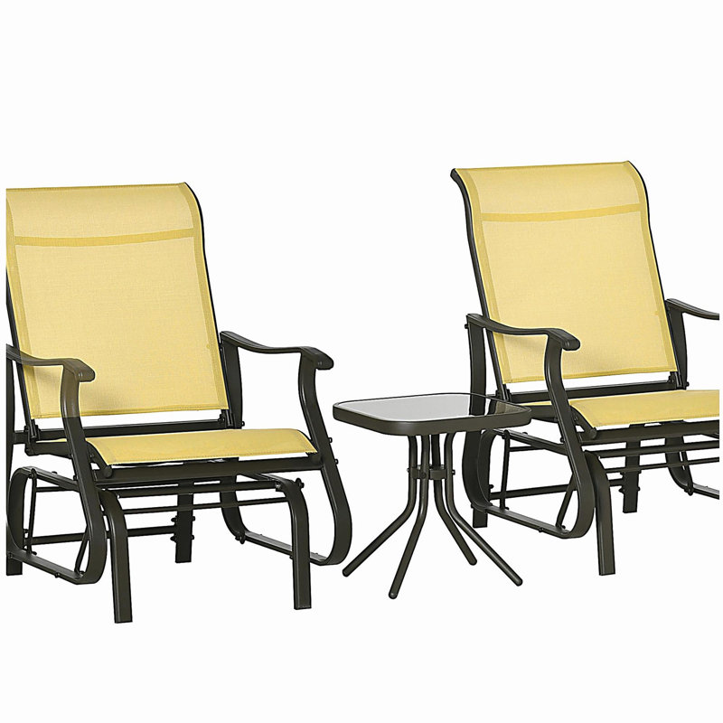 Outsunny 3-Piece Outdoor Gliders Set Bistro Set with Steel Frame, Tempered Glass Top Table for Patio, Garden, Backyard, Lawn, Beige