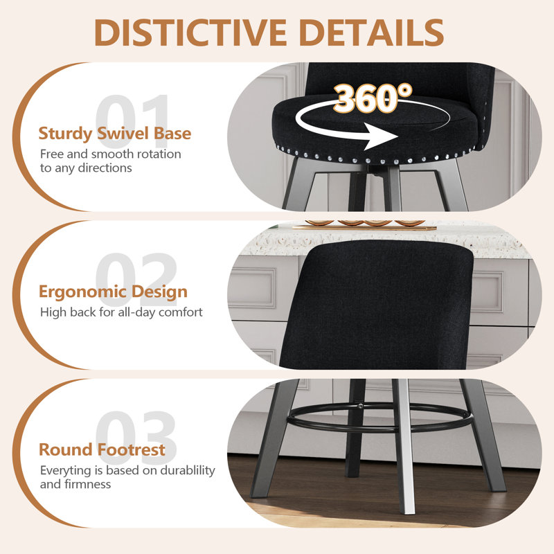 MINCETA Counter Height Bar Stool Set of 2, 26" Swivel Bar Stools with Solid Wood Legs, Farmhouse Upholstered Barstools with Nailhead Trim Design for Kitchen Island, Home Bar, Black