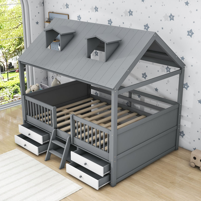 Milinocket Wood Loft Bed With 4 Drawers And Roof, Full, Gray
