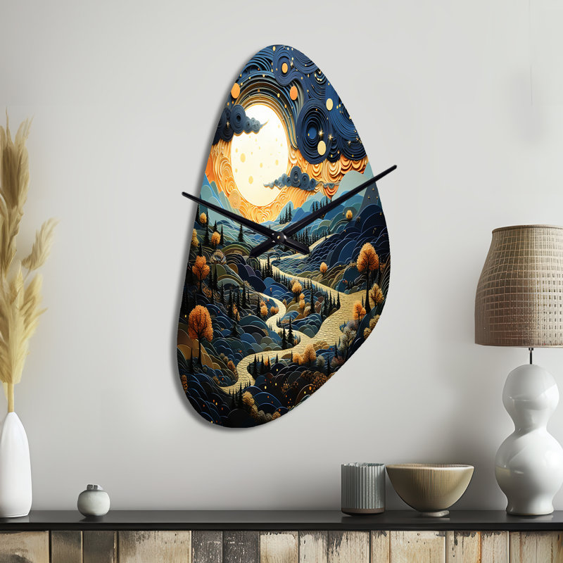 Surréalisme Dreamscapes River II - surréalisme horloge murale asymétrique en métal, impression de forme irrégulière jaune