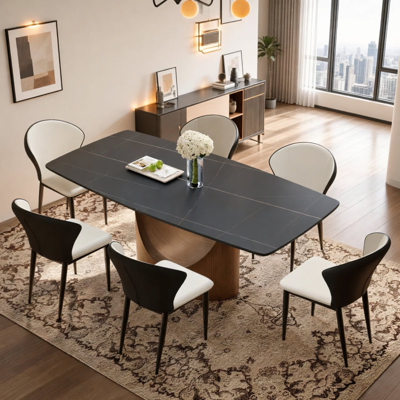  Table de salle à manger moderne avec plateau rectangulaire en pierre frittée, acier au carbone, L 42,71 po x L 93,7 po