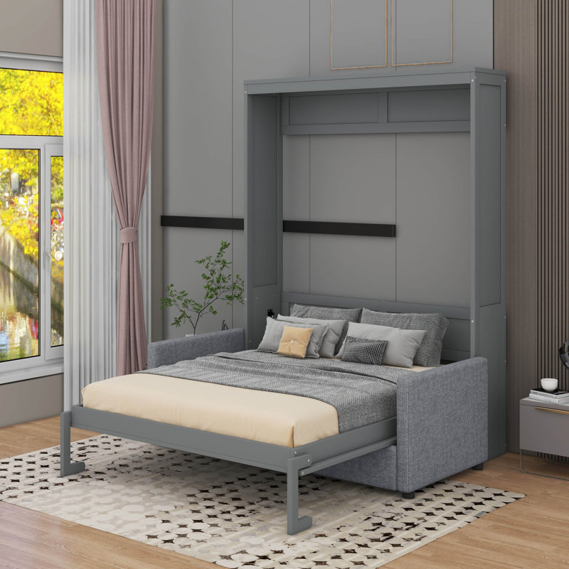 Full Size Murphy Bed With Cushion, Gray
