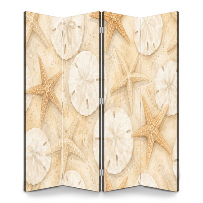 4 Panels Folding Screen Room Divider Royal Seashell Starfish Beige Sand Canvas Screen Room Separator Freestanding Protective Wall Divider Privacy Partition