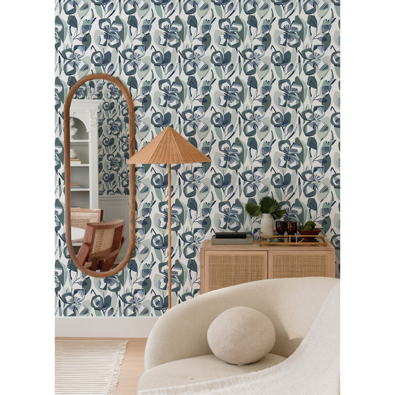 Nathalie Light Green Abstract Blooms Wallpaper, Navy