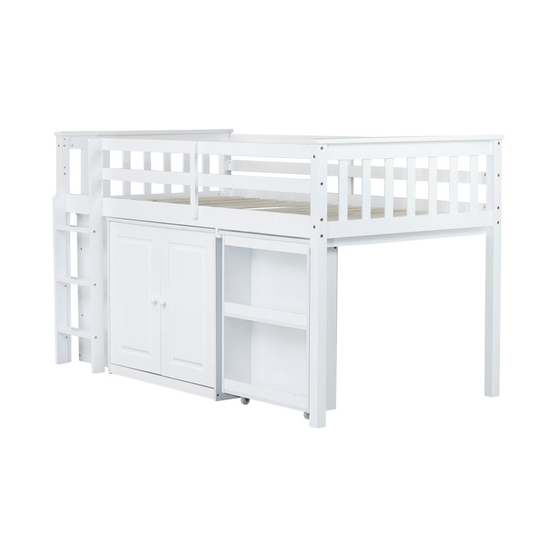 Lit mezzanine simple en bois d'hévéa avec armoire de rangement, tiroirs et bureau coulissant, Blanc