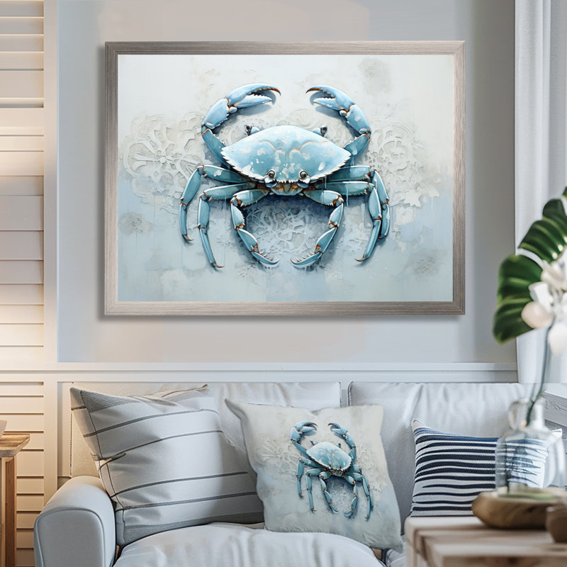 Minimalisme bleu crabe impression I - impression sur toile crabe, H 24 po x l 32 po x P 1 po, Encadrement argenté