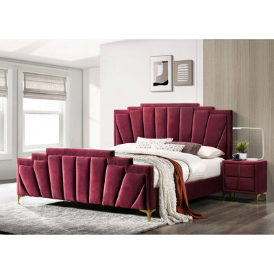 Red And Gold King Bed Fully Upholstered In Flannelette With Shell Tufting Steel Legs Padded Headboard Astonishment Featuring Coated
