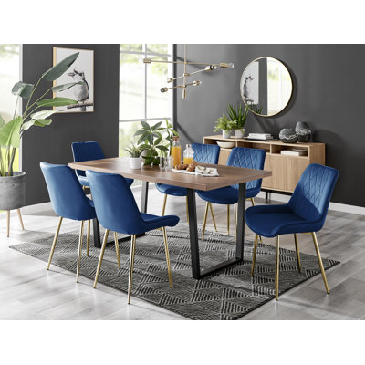7-Piece Wood and Metal Dining Table Set with Upholstered Dining Chairs and Rectangular Table