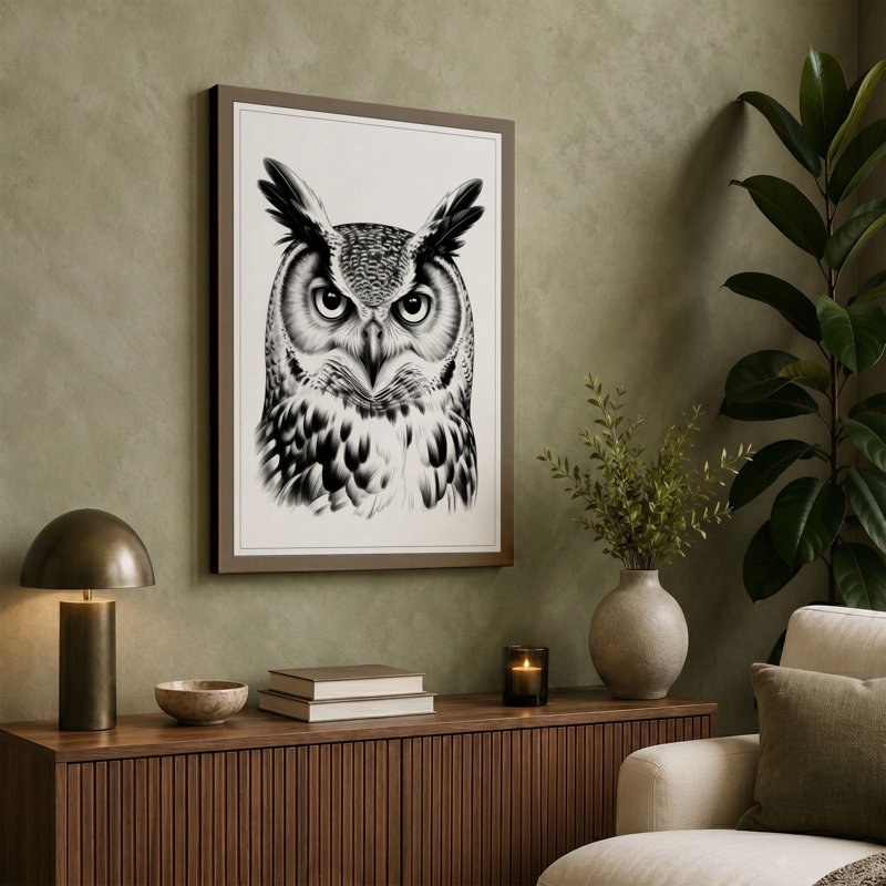 Watchful Owl Japandi - Wrapped Canvas, 36x24 - 91.4 x 61.0 cm, Ochre Border