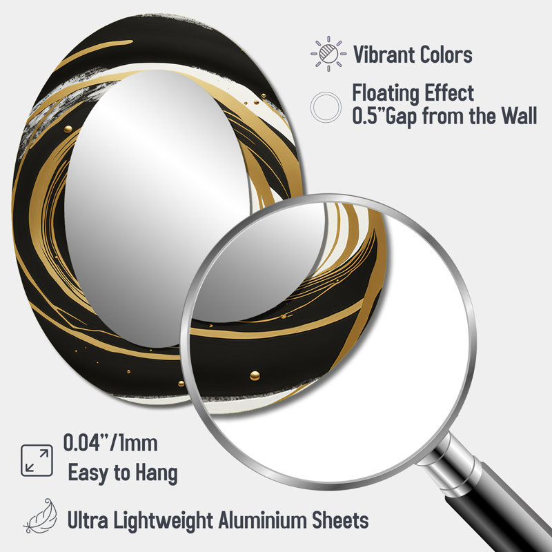 Black, Silver And Gold Blending Swirls III - Black Modern Oval Wall Mirror, 40" x 30"