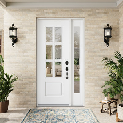 Entry Front Exterior Fiberglass Door 32" x 80" Primed White 6-Lite Clear Glass Prehung Door Fixed Single Sidelite White 1 Lite Clear Glass Door With Jamb, Left-Hand Inswing (Not Included Hardware Kit)