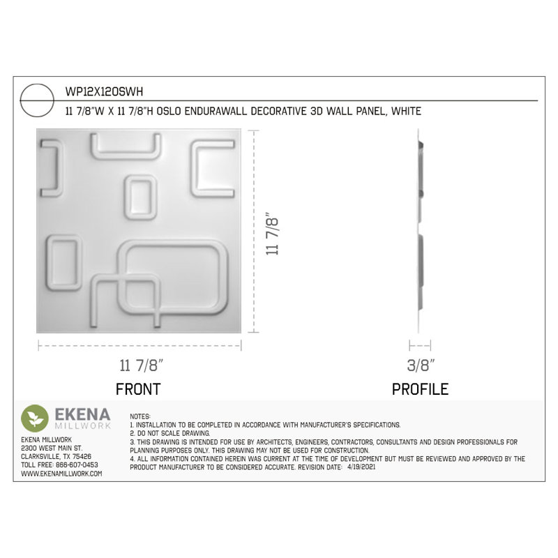 11 7/8"W X 11 7/8"H Oslo Endurawall Decorative 3D Wall Panel Covers 11.75 Sq. Ft. (12/PK)