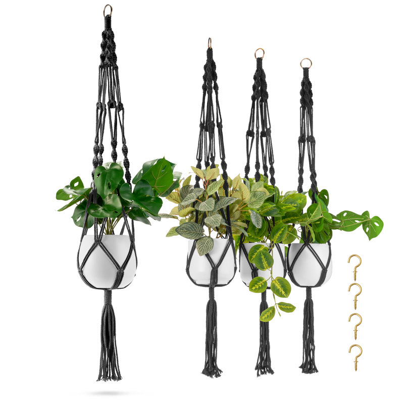 Sorbus 4 Pack Macrame Plant Hanger - Cotton Rope, Elegant for Home, Patio, Garden, Black, Black