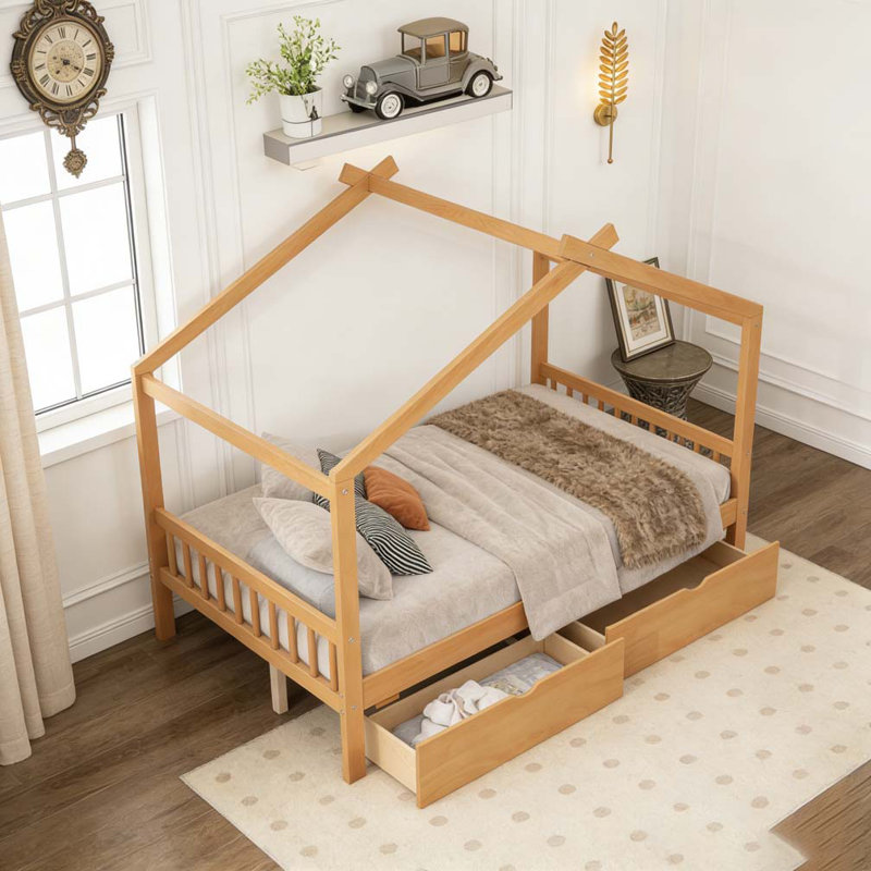 Lit plateforme double pleine grandeur avec deux tiroirs, Lit double, Naturel